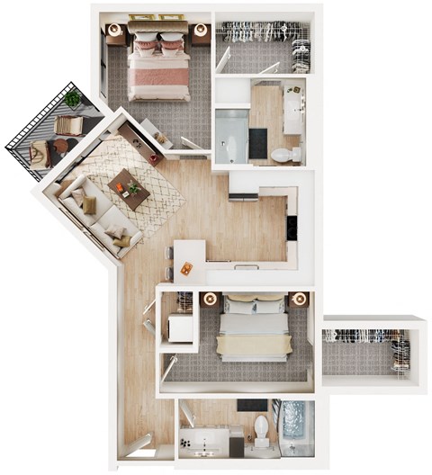 Floor plan for 2 beds, 2 baths, 866 sqft